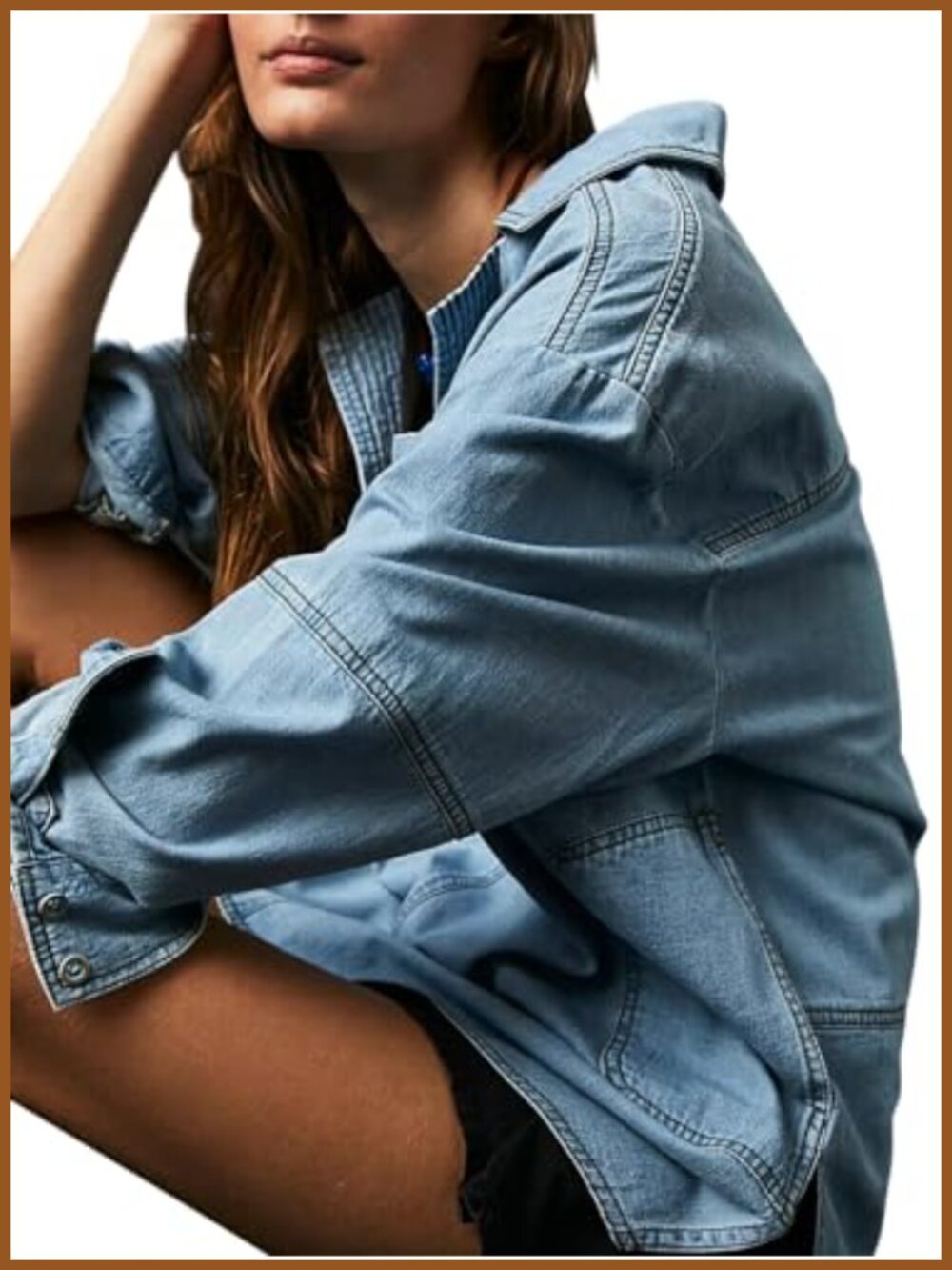 Womens Denim Jacket Loose Fit V Neck Long Sleeve Jean Pullover - Picture 5 of 5